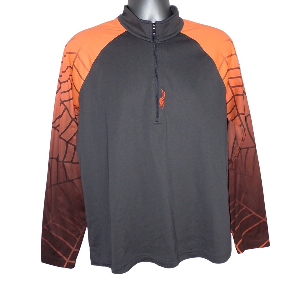 Spyder Men's US Ski Team 1/4 Zip Pullover Spider Web Graphic Grey Orange Size L